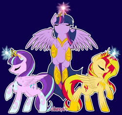 Size: 1602x1500 | Tagged: safe, artist:cihiiro, starlight glimmer, sunset shimmer, twilight sparkle, alicorn, pony, g4, alicornified, alicorns only, backwards cutie mark, counterparts, eyes closed, flying, glowing horn, horn, magic, magical trio, open mouth, race swap, raised hoof, s5 starlight, shimmercorn, spread wings, starlicorn, tiara, trio, twilight sparkle (alicorn), twilight's counterparts