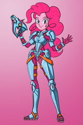 Size: 1280x1920 | Tagged: safe, artist:trollskog-studio, pinkie pie, equestria girls, g4, alternative cutie mark placement, armor, blaster, commander shepard, crossover, energy weapon, facial cutie mark, female, gun, laser pistol, mass effect, party cannon, solo, watermark, weapon