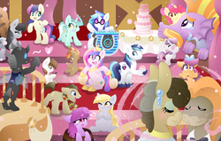 Size: 1600x1018 | Tagged: safe, artist:sohmasatori, apple bloom, berry punch, berryshine, bon bon, button mash, cranky doodle donkey, derpy hooves, dj pon-3, doctor whooves, kevin, lyra heartstrings, matilda, octavia melody, pipsqueak, princess cadance, scootaloo, shining armor, steven magnet, sweetie belle, sweetie drops, time turner, vinyl scratch, alicorn, changeling, donkey, earth pony, pegasus, pony, unicorn, g4, season 5, slice of life (episode), adorabloom, adorabon, berrybetes, blushing, buttonbetes, cake, colt, crankybetes, cute, cutealoo, cutedance, cuteling, cutie mark crusaders, derpabetes, diasweetes, doctorbetes, female, filly, floating heart, foal, food, heart, liquid button, lyrabetes, magnetbetes, male, mare, matildadorable, shining adorable, ship:crankilda, ship:shiningcadance, shipping, shrunken pupils, squeakabetes, stallion, starry eyes, straight, tavibetes, vinylbetes, wall of tags, wingding eyes