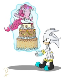 Size: 500x600 | Tagged: safe, artist:polaicy, pinkie pie, g4, cake, crossover, downvote bait, food, levitation, magic, male, popping out of a cake, psychic powers, silver the hedgehog, sonic the hedgehog, sonic the hedgehog (series), telekinesis