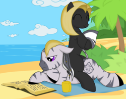 Size: 1150x900 | Tagged: safe, artist:virenth, oc, oc only, oc:shining shield, oc:virenth, zebra, beach, reading