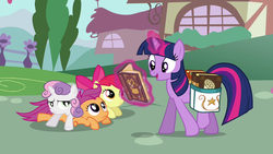 Size: 1280x720 | Tagged: safe, screencap, apple bloom, scootaloo, sweetie belle, twilight sparkle, g4, hearts and hooves day (episode), book, cutie mark crusaders, hearts and hooves day, magic, outdoors, pony pile, ponyville, reading, saddle bag, walking