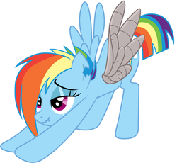 Size: 1500x1382 | Tagged: safe, rainbow dash, pegasus, pony, g4, the cutie re-mark, alternate timeline, apocalypse dash, bedroom eyes, crystal war timeline, face down ass up, female, iwtcird, meme, nose wrinkle, prosthetic limb, prosthetics, scrunchy face, simple background, solo, spread wings, stretching, torn ear, white background