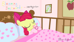 Size: 938x532 | Tagged: dead source, safe, artist:oliver-england, apple bloom, g4, adorabloom, applebetes, blooming backwards, bust, clothes, crib, cute, daaaaaaaaaaaw, door, drawing, fanfic art, female, footed sleeper, hnnng, oliver-england is trying to murder us, onesie, pacifier, painting, pajamas, portrait, sleeping, solo, sweet dreams fuel, weapons-grade cute