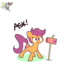 Size: 1280x1280 | Tagged: safe, artist:turtlefarminguy, derpy hooves, scootaloo, pegasus, pony, crusaders of the lost mark, g4, :p, ask, cutie mark, determination, female, filly, flying, mailbox, mare, scootaloo responds, smiling, smirk, spread wings, the cmc's cutie marks, tongue out, tumblr