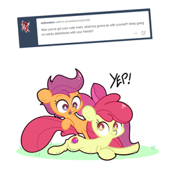 Size: 1280x1280 | Tagged: safe, artist:turtlefarminguy, apple bloom, scootaloo, earth pony, pegasus, pony, crusaders of the lost mark, g4, ask, cutie mark, female, filly, looking back, scootaloo responds, the cmc's cutie marks, tumblr