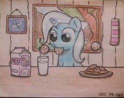 Size: 603x477 | Tagged: safe, artist:ljdamz1119, trixie, pony, unicorn, must be better, g4, colored, cookie, cute, diatrixes, female, food, mare, milk, milk carton, mouth hold, snack, solo, traditional art