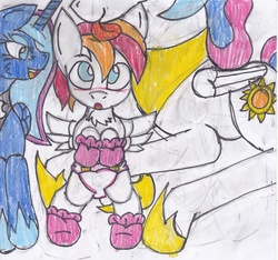 Size: 2483x2322 | Tagged: safe, artist:cuddlelamb, princess celestia, princess luna, oc, oc:cuddlelamb, g4, age regression, diaper, high res, licking, tongue out, traditional art