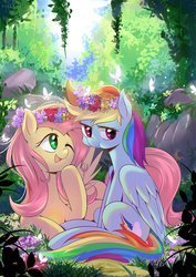 Size: 1000x1414 | Tagged: safe, artist:caibaoreturn, part of a set, fluttershy, rainbow dash, pegasus, pony, g4, duo, duo female, female, floral head wreath, seasons, spring, tsunderainbow, tsundere