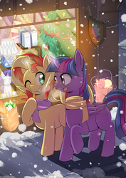 Size: 1000x1414 | Tagged: safe, artist:caibaoreturn, part of a set, rarity, spike, sunset shimmer, twilight sparkle, alicorn, pony, unicorn, g4, christmas, christmas tree, clothes, duo, duo female, female, missing cutie mark, one eye closed, pixiv, plushie, raised hoof, scarf, seasons, snow, snowfall, tree, twilight sparkle (alicorn), wink, winter