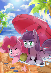 Size: 1000x1414 | Tagged: safe, artist:caibaoreturn, part of a set, boulder (g4), maud pie, pinkie pie, earth pony, pony, starfish, g4, beach, bikini, bra, clothes, cloud, coconut, drinking, duo, female, food, mare, one eye closed, palm tree, picnic basket, pie sisters, rock, sand, sandcastle, siblings, sisters, sky, smiling, straw, summer, swimsuit, tree, umbrella, underwear, water
