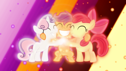 Size: 1600x900 | Tagged: safe, artist:reginault, artist:sailortrekkie92, apple bloom, scootaloo, sweetie belle, earth pony, pegasus, pony, unicorn, g4, abstract background, cutie mark crusaders, eyes closed, female, filly, glowing, group hug, smiling, trio, vector, wallpaper