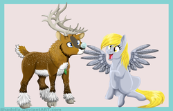 Size: 5720x3680 | Tagged: safe, artist:shadeila, derpy hooves, oc, oc:tyandaga, deer, pegasus, pony, reindeer, g4, duo, female, mare, non-pony oc