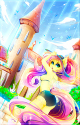 Size: 1822x2822 | Tagged: safe, artist:koveliana, angel bunny, fluttershy, anthro, g4, armpits, bikini, building, chromatic aberration, clothes, color porn, female, hat, solo, stupid sexy fluttershy, summer, swimsuit, tower, transparent wings