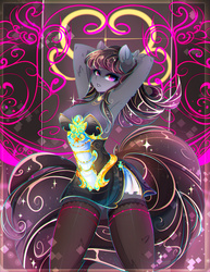 Size: 1986x2567 | Tagged: safe, artist:koveliana, octavia melody, earth pony, anthro, g4, abstract background, armpits, breasts, chromatic aberration, clothes, color porn, female, socks, solo, stockings, thigh highs