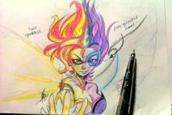 Size: 1280x853 | Tagged: dead source, safe, artist:aizy-boy, sci-twi, sunset shimmer, twilight sparkle, equestria girls, g4, my little pony equestria girls: friendship games, cleavage, daydream shimmer, duality, female, midnight sparkle, pen, traditional art