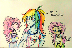 Size: 1280x853 | Tagged: safe, artist:aizy-boy, fluttershy, pinkie pie, rainbow dash, equestria girls, g4, belly button, blushing, clothes, exercise, flattershy, midriff, plewds, sweat, tank top, towel, traditional art