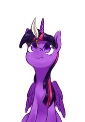 Size: 700x1000 | Tagged: safe, artist:luciferamon, twilight sparkle, alicorn, pony, g4, :s, balancing, female, looking up, mare, pixiv, ponies balancing stuff on their nose, quill, simple background, sitting, solo, twilight sparkle (alicorn), wavy mouth, white background