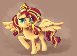 Size: 882x644 | Tagged: safe, artist:faycoon, sunset shimmer, alicorn, pony, g4, crying, female, good end, race swap, raised hoof, shimmercorn, solo, spread wings