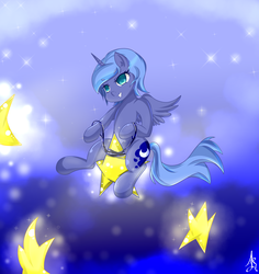 Size: 2833x3000 | Tagged: safe, artist:siranarchy95, princess luna, alicorn, pony, g4, female, filly, high res, ponies riding heavenly objects, reins, riding, rope, solo, stars, tangible heavenly object, woona