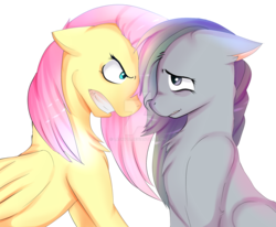 Size: 1600x1321 | Tagged: safe, artist:lasky111, fluttershy, marble pie, g4, angry, chest fluff, floppy ears, frown, gritted teeth, simple background, sitting, transparent background, watermark