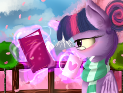 Size: 1400x1050 | Tagged: safe, artist:sketchypencil326, twilight sparkle, alicorn, pony, g4, alternate hairstyle, book, clothes, cup, female, glasses, magic, mare, petals, reading, scarf, solo, telekinesis, twilight sparkle (alicorn)