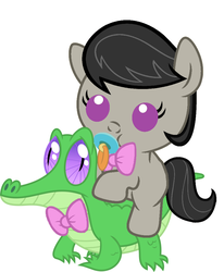 Size: 836x1017 | Tagged: safe, artist:red4567, gummy, octavia melody, pony, g4, baby, baby pony, bowtie, cute, ponies riding gators, recolor, riding, simple background, tavibetes, weapons-grade cute