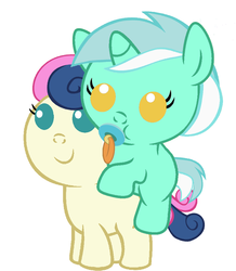 Size: 836x957 | Tagged: safe, artist:red4567, bon bon, lyra heartstrings, sweetie drops, earth pony, pony, unicorn, g4, adorabon, baby, baby pony, best friends, cute, lyra riding bon bon, lyrabetes, ponies riding ponies, recolor, riding, weapons-grade cute