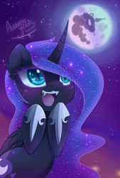 Size: 1800x2658 | Tagged: safe, artist:magnaluna, nightmare moon, alicorn, pony, the cutie re-mark, alternate timeline, aw yiss, cute, fangs, female, filly, implied princess celestia, mare in the moon, moon, moonabetes, nightmare takeover timeline, nightmare woon, open mouth, solo
