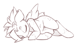 Size: 1280x822 | Tagged: safe, artist:qweeli, oc, oc only, oc:ruby rustfeather, pegasus, pony, butt freckles, eyes closed, female, freckles, monochrome, on side, shoulder freckles, sketch, sleeping, solo