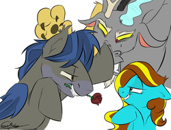 Size: 800x605 | Tagged: safe, artist:rutkotka, discord, oc, oc:ilovekimpossiblealot, oc:sharpie fume, bat pony, pony, g4, bedroom eyes, fangs, flower, flower in mouth, jealous, m.a. larson, mouth hold, rose, shipping, simple background, white background