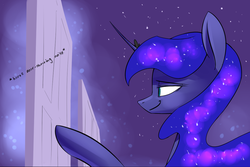 Size: 1280x856 | Tagged: safe, artist:underpable, princess luna, just another luna blog, g4, descriptive noise, door, female, smiling, solo