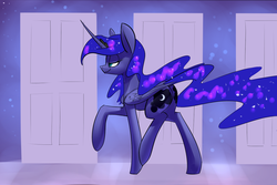 Size: 1280x855 | Tagged: safe, artist:underpable, princess luna, just another luna blog, g4, door, female, smiling, solo, walking