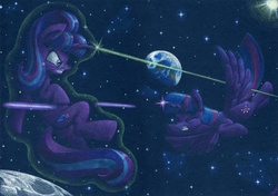 Size: 6600x4655 | Tagged: safe, artist:xeviousgreenii, starlight glimmer, twilight sparkle, alicorn, pony, g4, the cutie re-mark, absurd resolution, angry, duo, earth, eyes closed, female, fight, glowing horn, horn, levitation, magic, mare, moon, planet, self-levitation, space, stars, sun, telekinesis, traditional art, twilight sparkle (alicorn)
