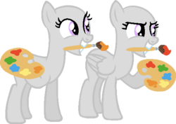 Size: 497x351 | Tagged: safe, alternate version, artist:maddieadopts, oc, oc only, earth pony, pony, base, duo, grin, hoof hold, mouth hold, paintbrush, simple background, smiling, smirk, transparent background