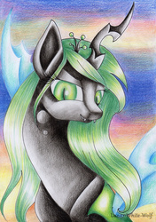 Size: 900x1276 | Tagged: safe, artist:lunar-white-wolf, queen chrysalis, changeling, changeling queen, g4, crown, female, jewelry, regalia, smiling, solo, traditional art