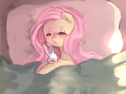 Size: 1280x965 | Tagged: safe, artist:marinakirby, angel bunny, fluttershy, pegasus, pony, g4, bed, blanket, pillow, sleeping