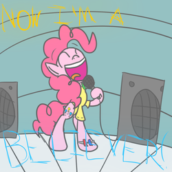 Size: 540x540 | Tagged: safe, artist:mr-degration, pinkie pie, earth pony, pony, g4, happy, i'm a believer, singing, smash mouth, solo, song, song reference, speaker, stage, the monkees