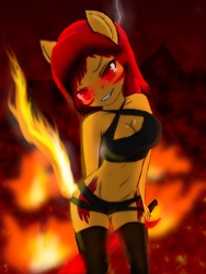 Size: 1536x2048 | Tagged: safe, artist:zachthehedgehog97-2, oc, oc only, oc:flare scorch, anthro, anthro oc, backstory, breasts, canines, cleavage, female, fire, glowing eyes, lightning, palindrome get, solo, sword