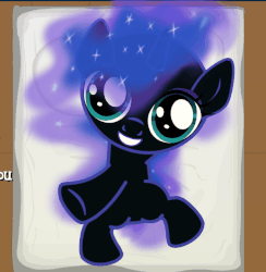 Size: 605x621 | Tagged: dead source, safe, artist:gmstav, nightmare moon, alicorn, pony, g4, animated, cute, female, filly, foal, grimdark source, grotesque source, joypony, looking at you, moonabetes, nightmare woon, pacifier, weapons-grade cute, younger