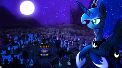 Size: 2560x1440 | Tagged: safe, artist:foxy-noxy, artist:karl97, artist:kysss90, edit, princess luna, alicorn, pony, g4, female, moon, night, photoshop, ponyville, solo, vector, wallpaper, wallpaper edit