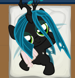 Size: 551x567 | Tagged: safe, artist:gmstav, screencap, queen chrysalis, changeling, changeling queen, nymph, g4, :o, animated, animation error, baby, baby changeling, baby chrysalis, bandage, blinking, clipping, cocoon, cute, cutealis, female, filly, filly queen chrysalis, foal, head tilt, joypony, looking at you, on back, pacifier, smiling, solo, swaddling, wrapped up, younger