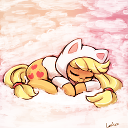 Size: 500x500 | Tagged: dead source, source needed, safe, artist:lumineko, applejack, earth pony, pony, g4, animal costume, applecat, behaving like a cat, cat hoodie, clothes, cute, eyes closed, female, freckles, jackabetes, licking, mare, prone, solo