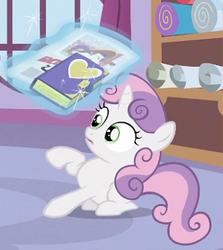 Size: 310x348 | Tagged: safe, screencap, sweetie belle, g4, ponyville confidential, book, female, scared, solo