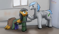 Size: 1280x736 | Tagged: safe, artist:the-furry-railfan, oc, oc only, oc:featherweight, oc:twintails, pegasus, pony, fallout equestria, fallout equestria: occupational hazards, b.a.r., blood, crush, gun, indoors, nosebleed, story