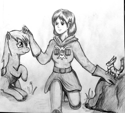 Size: 2338x2101 | Tagged: safe, artist:sdf1jjak, derpy hooves, human, pegasus, pony, g4, female, high res, human female, mare, monochrome, nausicaa & derpy, nausicaa of the valley of the wind, permission given, squirrel fox, studio ghibli, teto, traditional art, wip