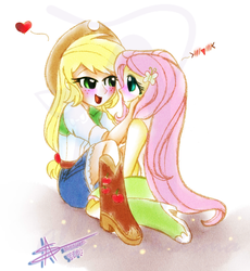 Size: 1103x1200 | Tagged: safe, artist:shikimaakemi, applejack, fluttershy, equestria girls, g4, blushing, emoticon, female, heart, kneeling, lesbian, ship:appleshy, shipping, stroking, watermark