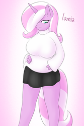 Size: 1000x1500 | Tagged: safe, artist:lamia, oc, oc only, oc:lamia, unicorn, anthro, anthro oc, big breasts, breasts, clothes, female, hair over one eye, huge breasts, skirt, solo, sweater, turtleneck