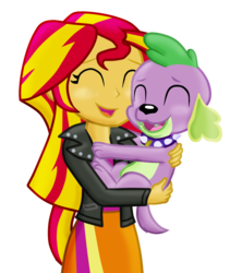 Size: 680x765 | Tagged: safe, artist:majkashinoda626, spike, sunset shimmer, dog, equestria girls, g4, clothes, cute, female, holding a dog, hug, male, skirt, spike the dog, spikelove