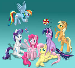 Size: 2378x2160 | Tagged: safe, artist:sintakhra, applejack, fluttershy, pinkie pie, rainbow dash, rarity, twilight sparkle, pony, unicorn, g4, ball, high res, magic, mane six, underhoof, unicorn twilight